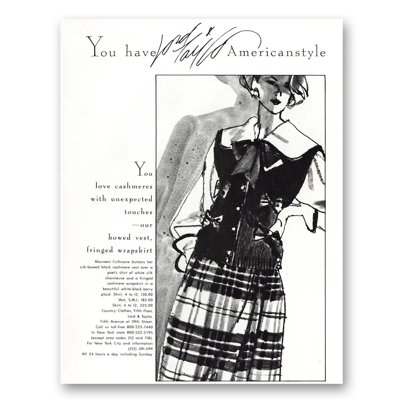 1985 Lord & Taylor Bowed Vest Fringed Wrapshirt Vintage Magazine Print Ad