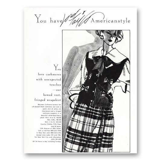 1985 Lord & Taylor Bowed Vest Fringed Wrapshirt Vintage Magazine Print Ad