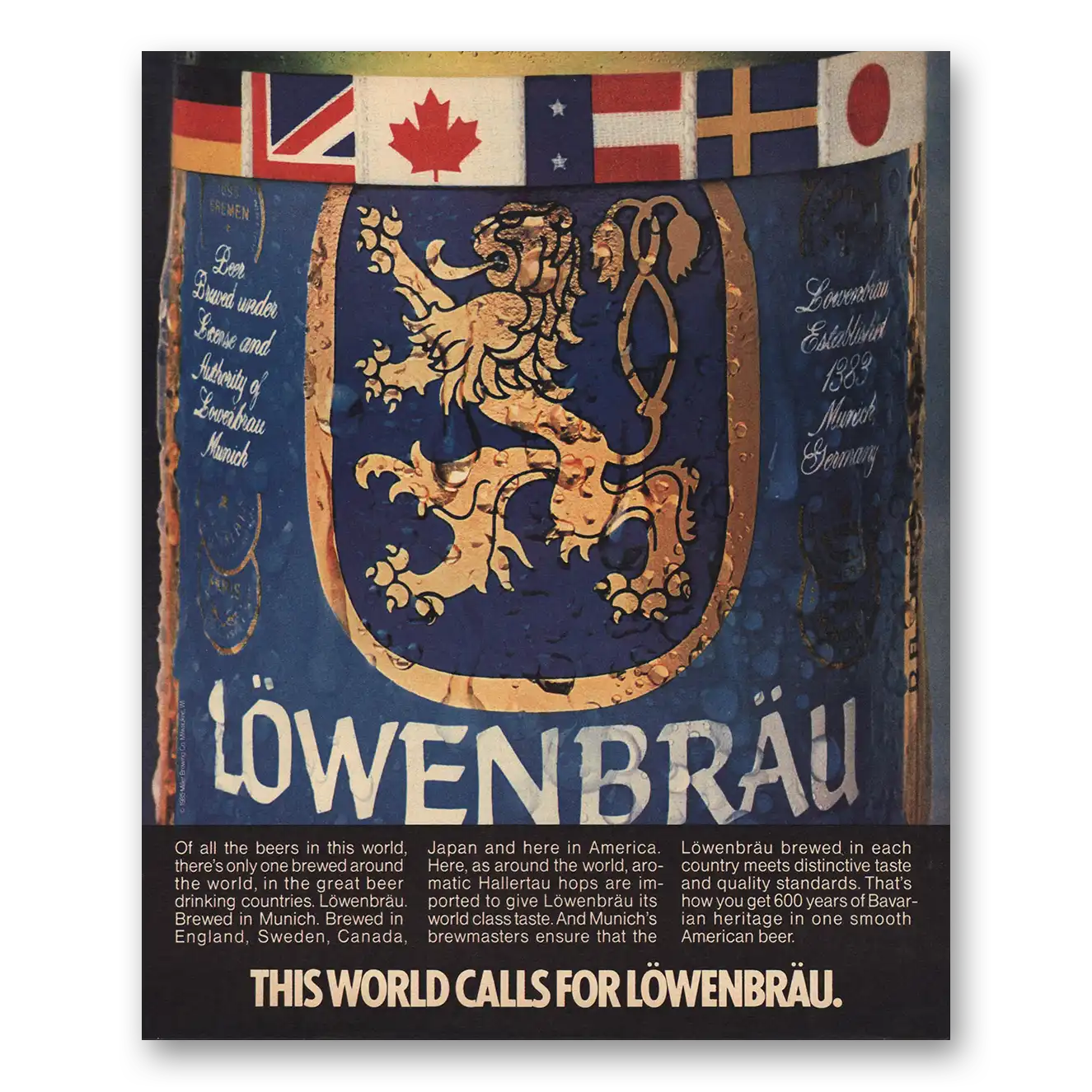 1985 Lowenbrau Beer World Calls Vintage Magazine Print Ad