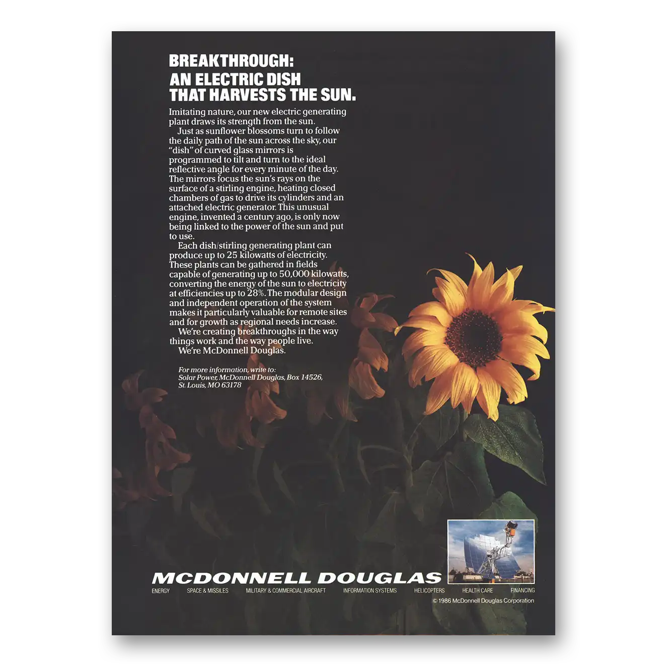 1985 McDonnell Douglas Solar Power Electric Dish Harvests Sun Vintage Magazine Print Ad