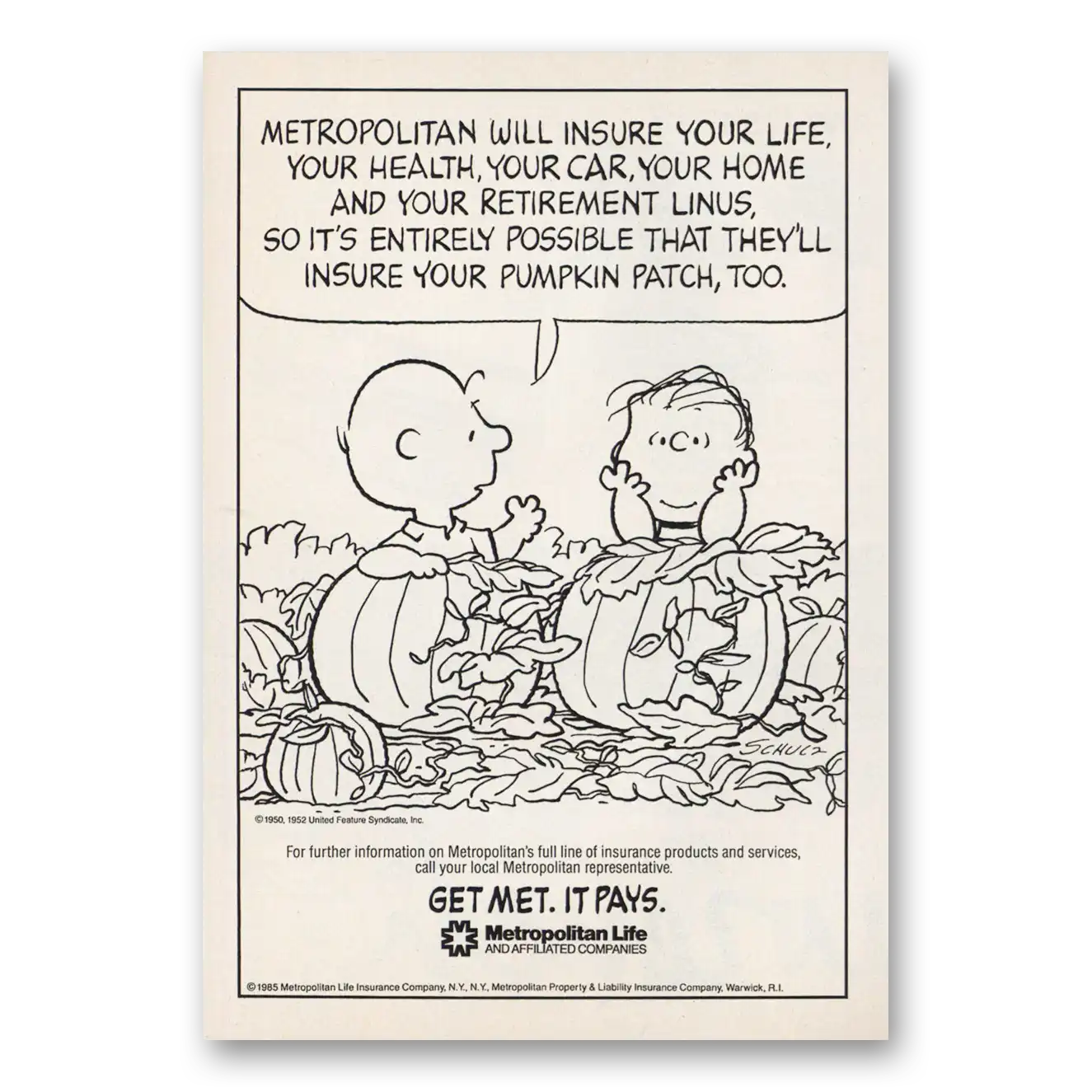 1985 Metropolitan Life Insurance Charlie Brown Linus Pumpkin Patch Vintage Magazine Print Ad