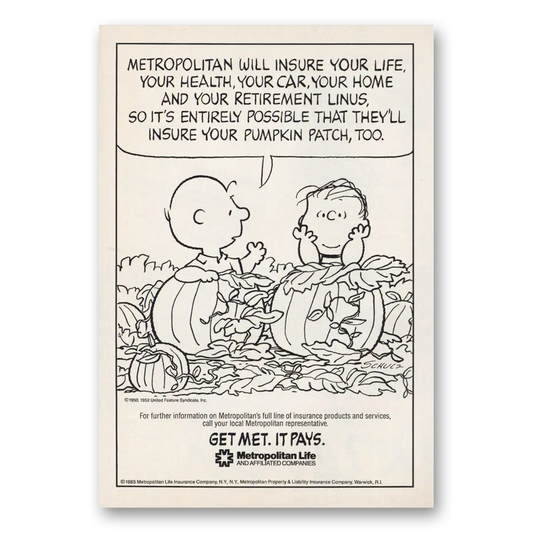 1985 Metropolitan Life Insurance Charlie Brown Linus Pumpkin Patch Vintage Magazine Print Ad