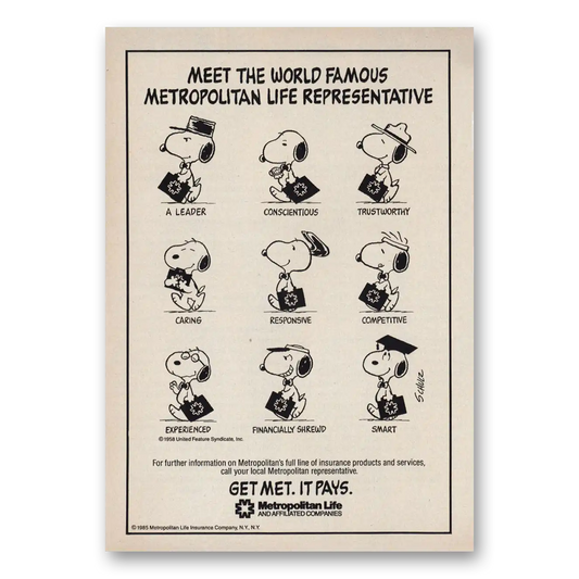 1985 Metropolitan Life Insurance World Famous Representative Snoopy Vintage Magazine Print Ad