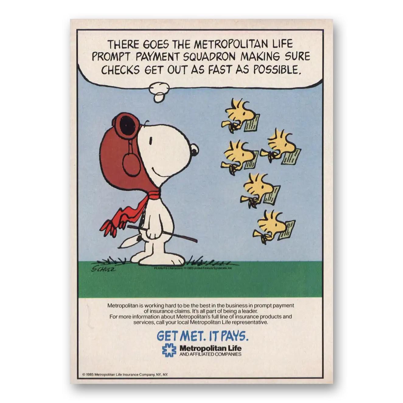 1985 Metropolitan Life Insurance Snoopy Prompt Payment Squad Vintage Magazine Print Ad