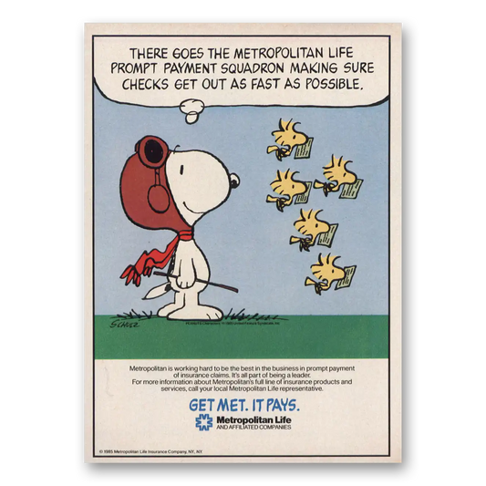 1985 Metropolitan Life Insurance Snoopy Prompt Payment Squad Vintage Magazine Print Ad