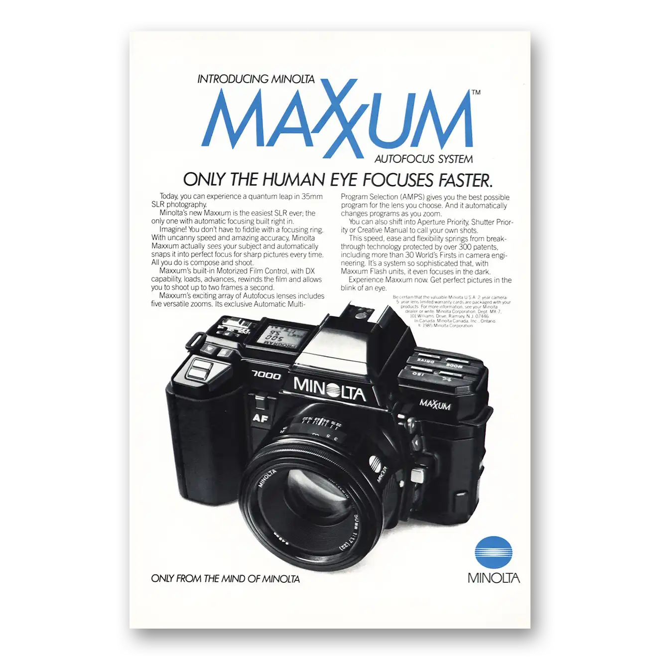 1985 Minolta Maxxum Camera Human Eye Focuses Faster Vintage Magazine Print Ad