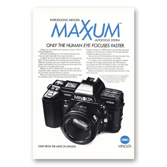 1985 Minolta Maxxum Camera Human Eye Focuses Faster Vintage Magazine Print Ad