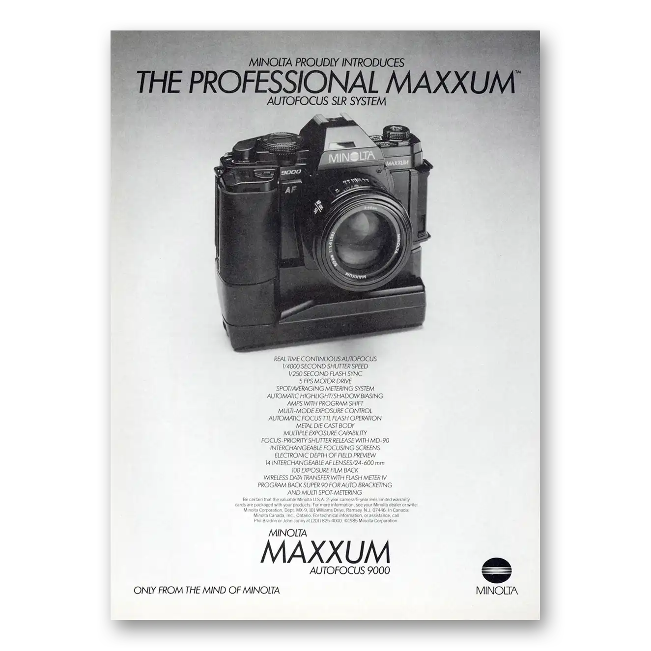 1985 Minolta Maxxum Camera Professional Autofocus Sur System Vintage Magazine Print Ad