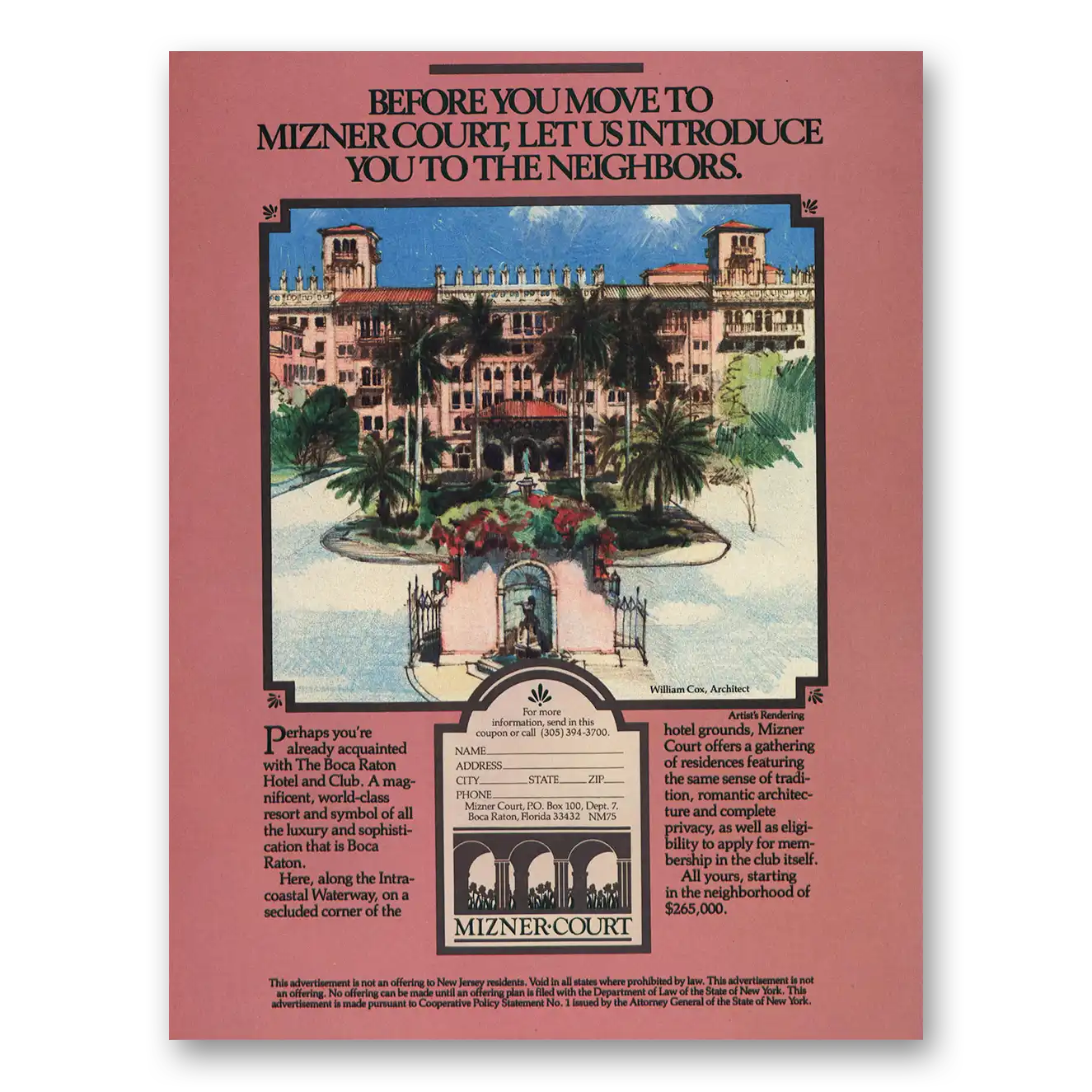 1985 Mizner Court Boca Raton Before You Move Vintage Magazine Print Ad