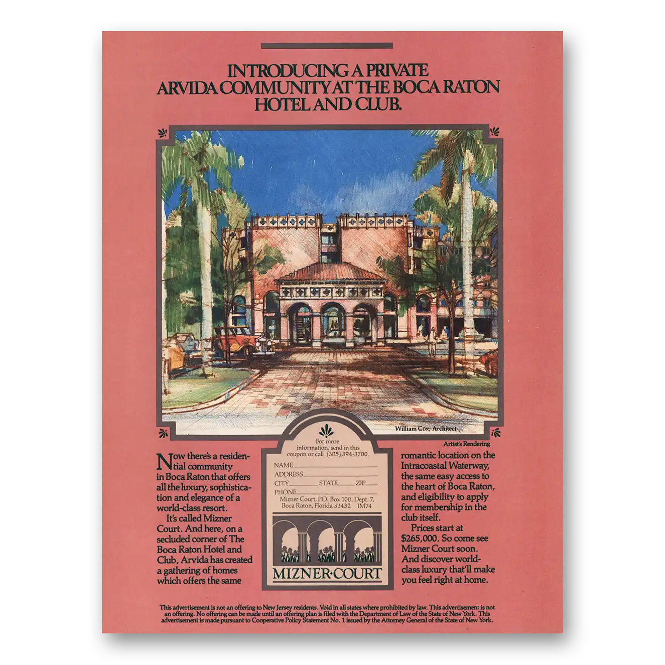 1985 Mizner Court Arvida Boca Raton Hotel Vintage Magazine Print Ad