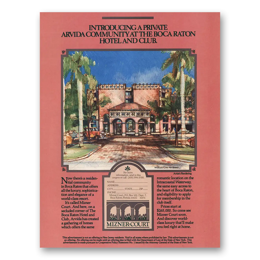 1985 Mizner Court Arvida Boca Raton Hotel Vintage Magazine Print Ad