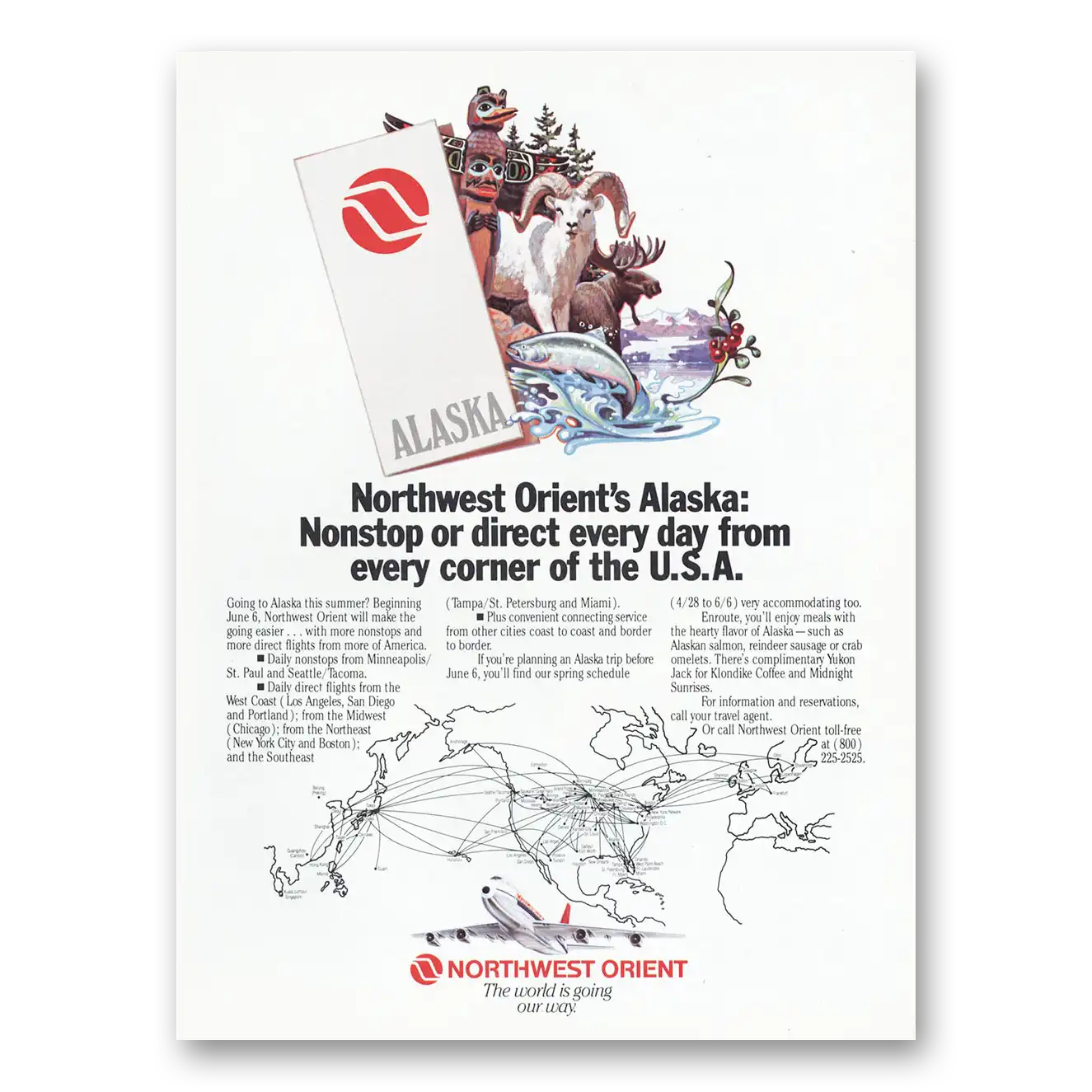 1985 Northwest Orient Airlines Alaska Nonstop or Direct Vintage Magazine Print Ad