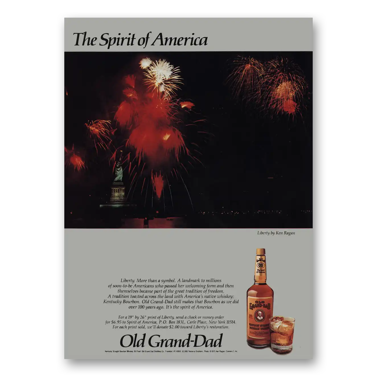 1985 Old Grand-Dad Bourbon Whiskey Statue of Liberty Fireworks Vintage Magazine Print Ad