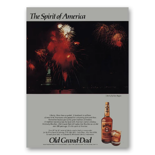 1985 Old Grand-Dad Bourbon Whiskey Statue of Liberty Fireworks Vintage Magazine Print Ad