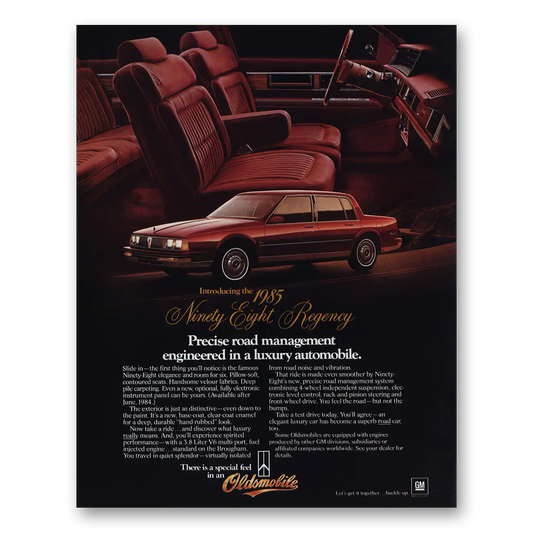 1985 Oldsmobile Ninety Eight Regency Precise Road Management Vintage Magazine Print Ad