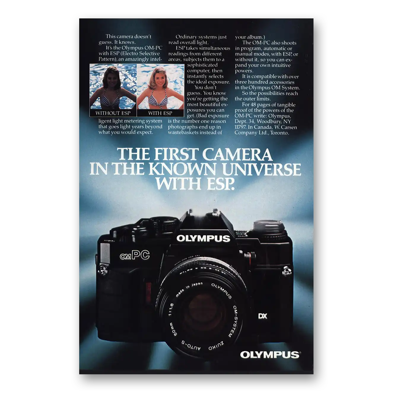 1986 Olympus Camera OM PC First Camera in Known Universe Vintage Magazine Print Ad