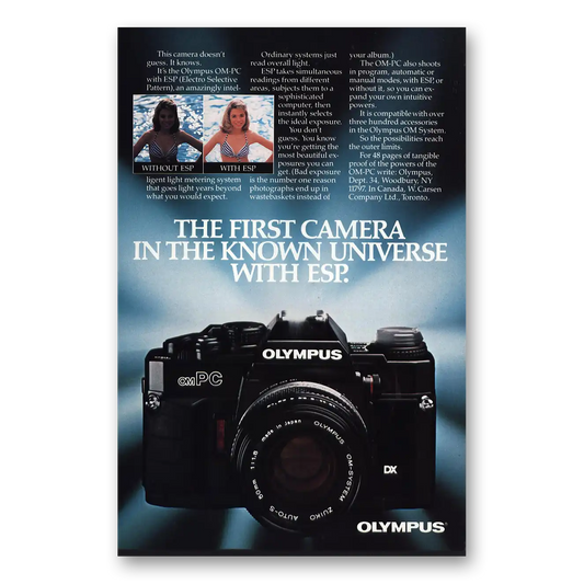 1986 Olympus Camera OM PC First Camera in Known Universe Vintage Magazine Print Ad