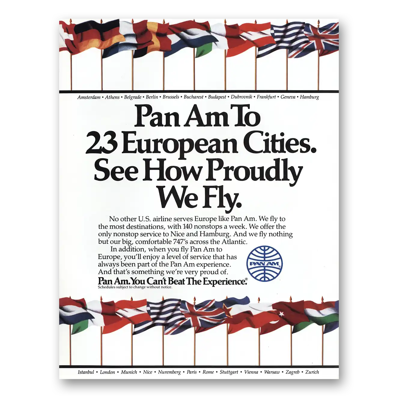 1985 Pan Am European Cities How Proudly We Fly Vintage Magazine Print Ad