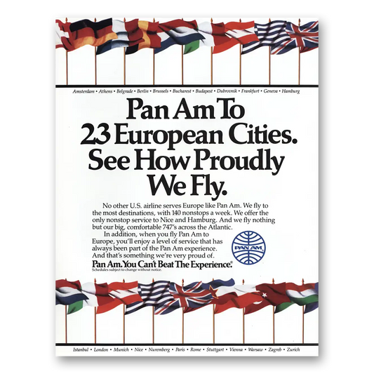 1985 Pan Am European Cities How Proudly We Fly Vintage Magazine Print Ad