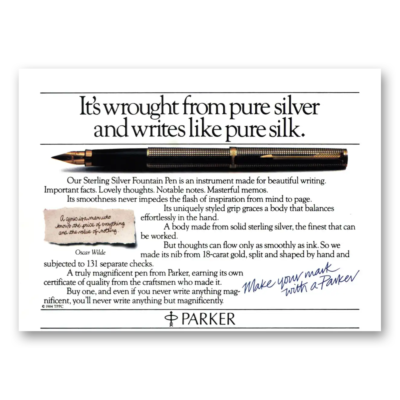 1985 Parker Fountain Pen Wrought From Pure Silver Writes Like Pure Silk Vintage Magazine Print Ad