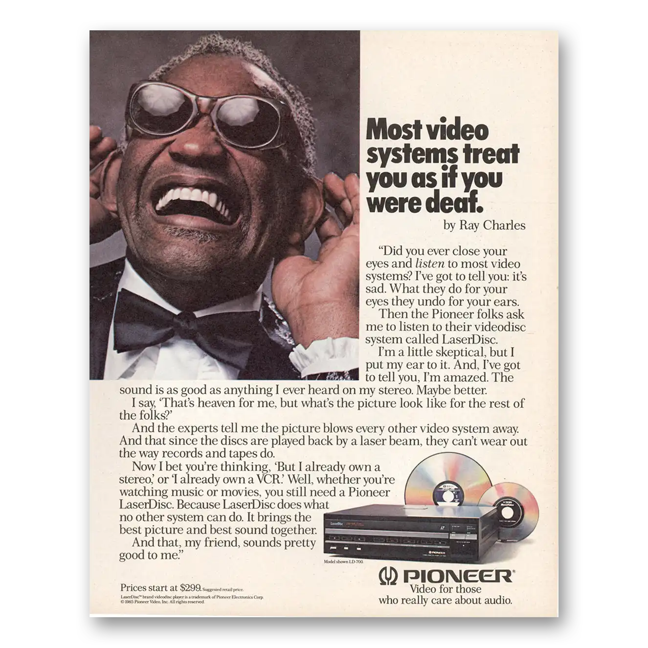 1985 Pioneer LaserDisc Ray Charles Treat You As If You Were Deaf Vintage Magazine Print Ad