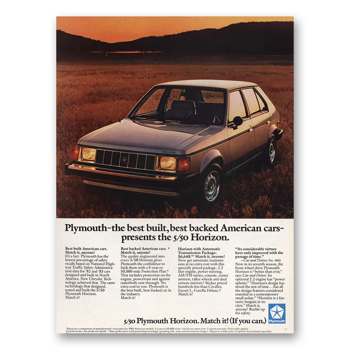 1984 Plymouth Horizon Best Backed American Cars Vintage Magazine Print Ad