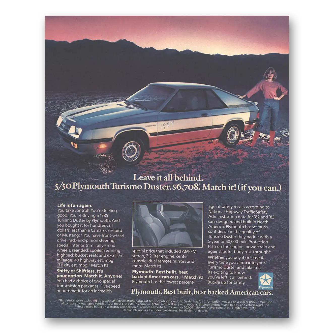 1985 Plymouth Turismo Duster Leave It All Behind Vintage Magazine Print Ad