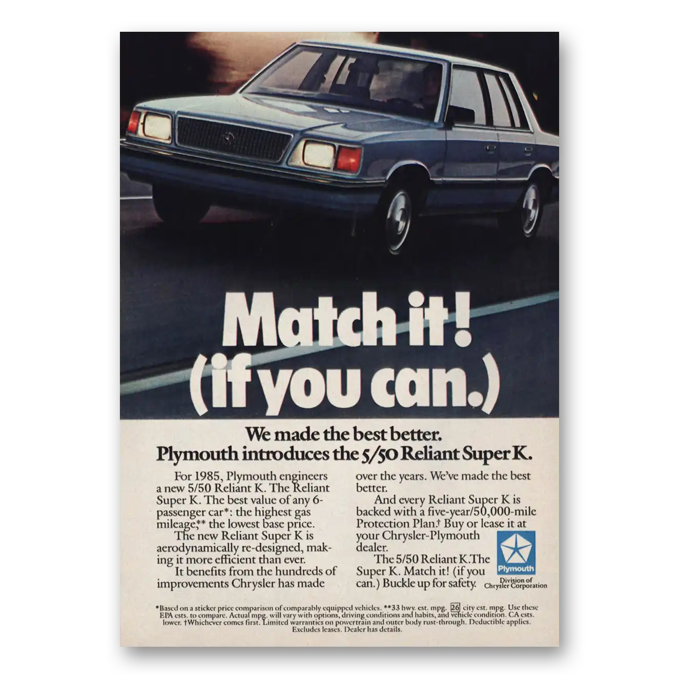 1985 Plymouth Reliant K Super K Match It If You Can Vintage Magazine Print Ad