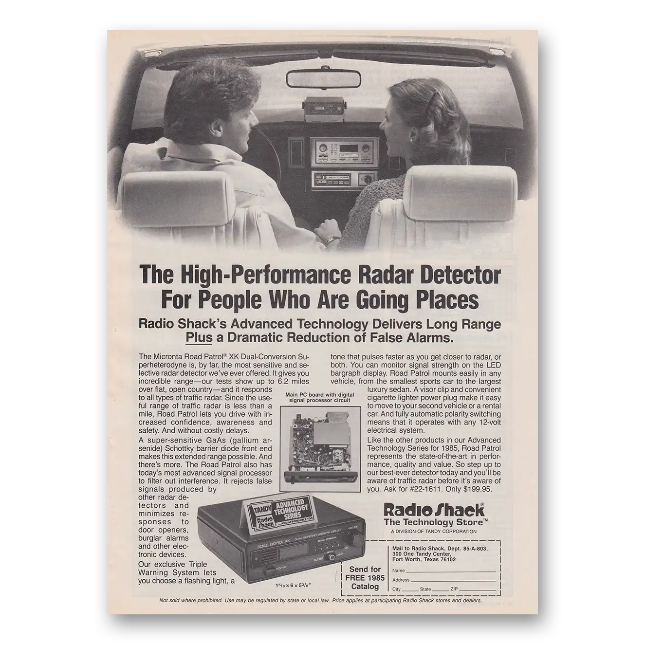 1985 Radio Shack Radar Detector High Performance Radar Detector Vintage Magazine Print Ad