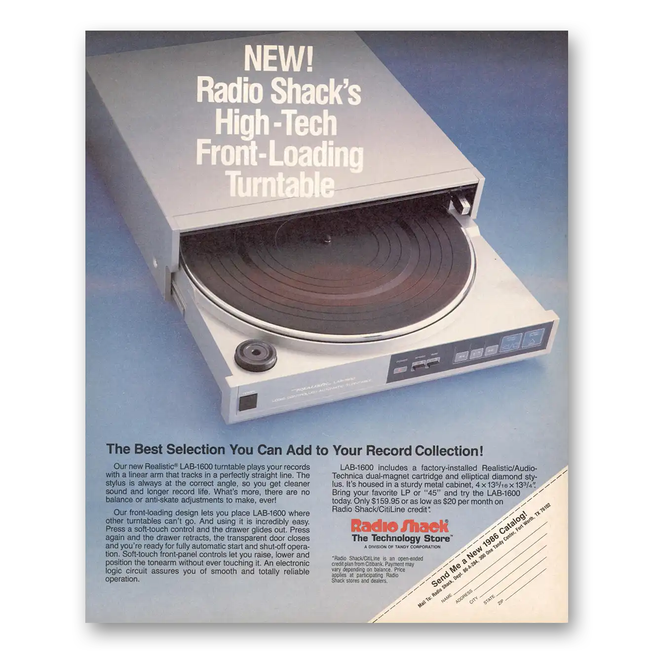 1985 Radio Shack Front Loading Turntable High Tech Front Loading Turntable Vintage Magazine Print Ad