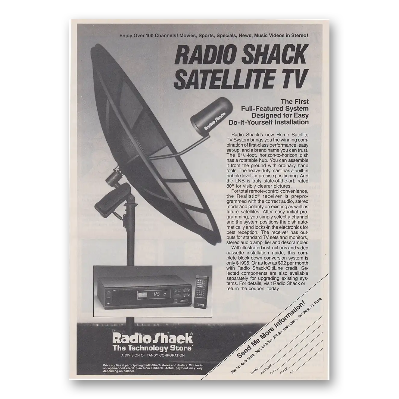 1985 Radio Shack Satellite TV First Full Featured System Vintage Magazine Print Ad