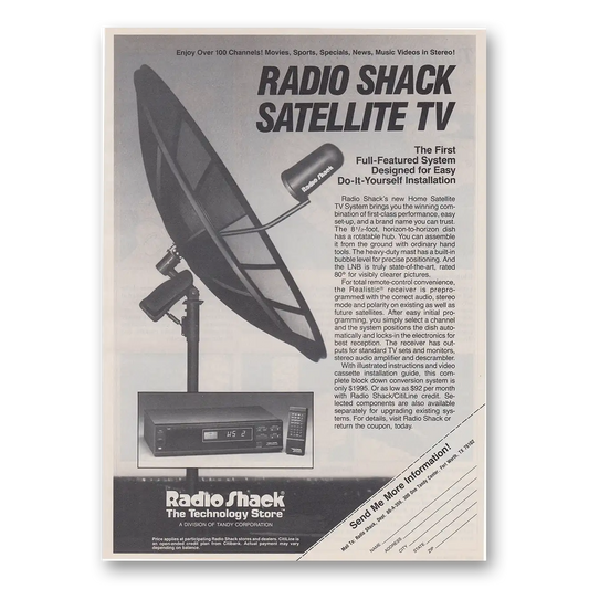 1985 Radio Shack Satellite TV First Full Featured System Vintage Magazine Print Ad