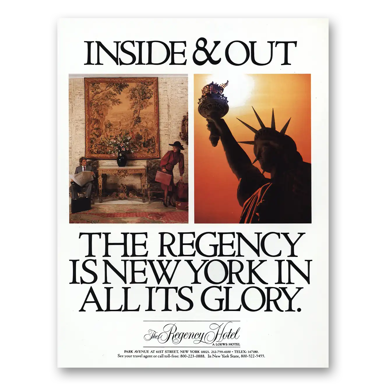 1985 Regency Hotel New York Inside and Out Vintage Magazine Print Ad