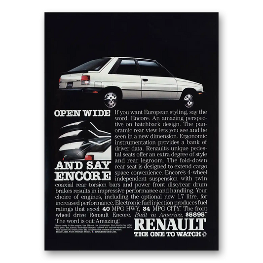 1985 Renault Encore Open Wide Vintage Magazine Print Ad