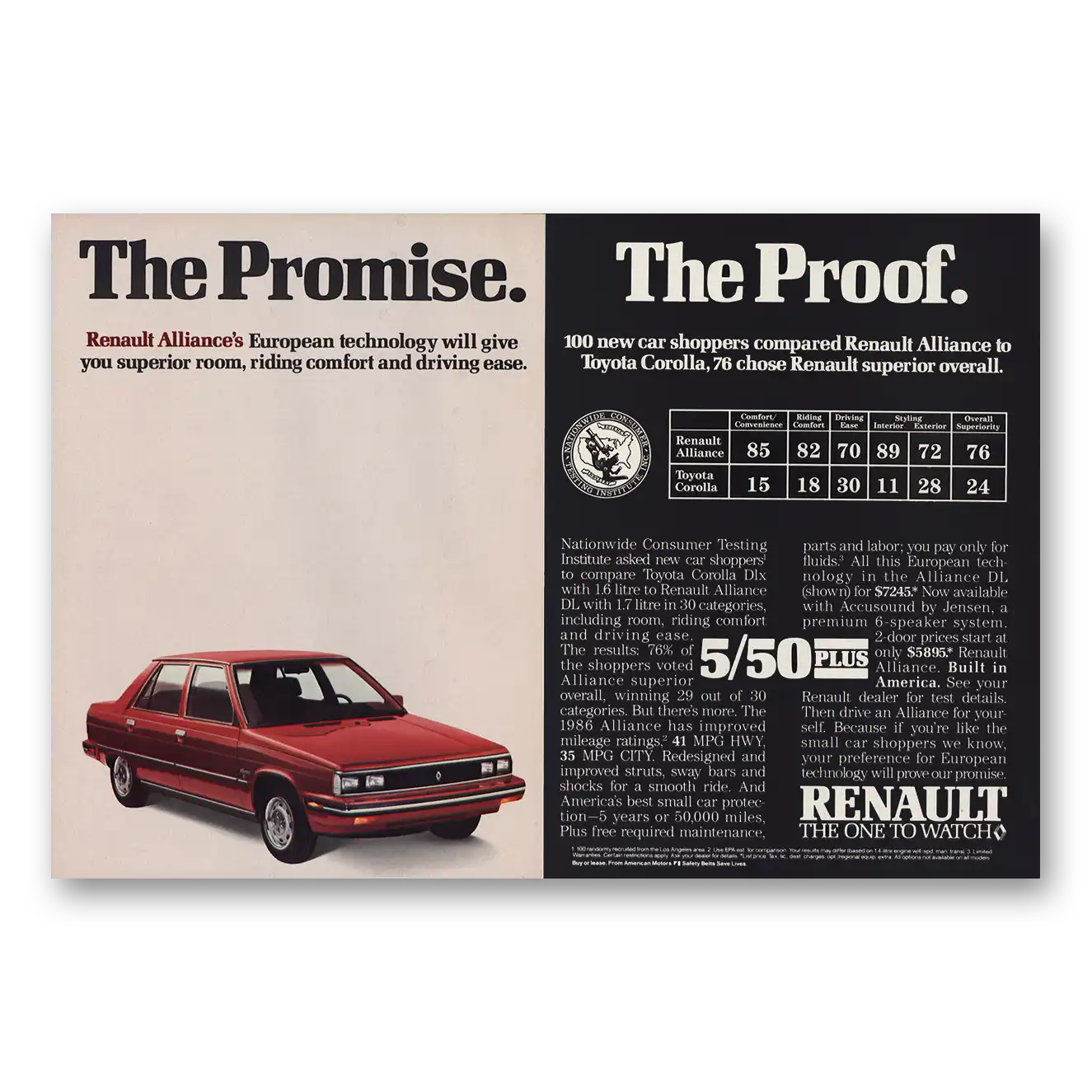 1985 Renault Alliance Promise The Proof Vintage Magazine Print Ad