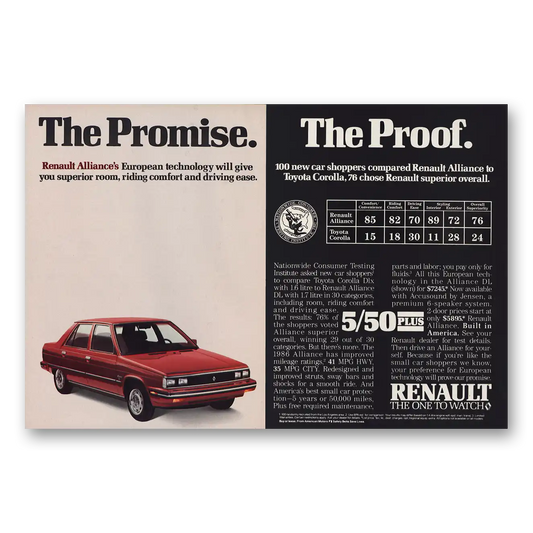 1985 Renault Alliance Promise The Proof Vintage Magazine Print Ad