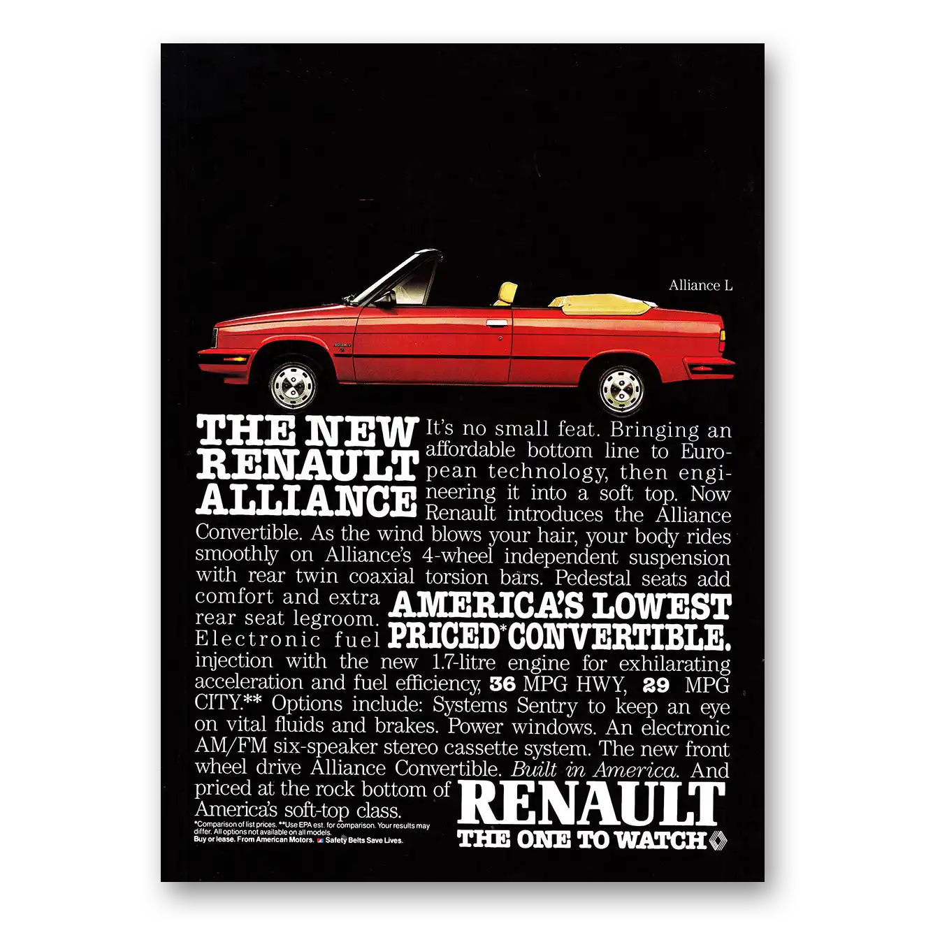 1985 Renault Alliance Convertible Its No Small Feat Vintage Magazine Print Ad