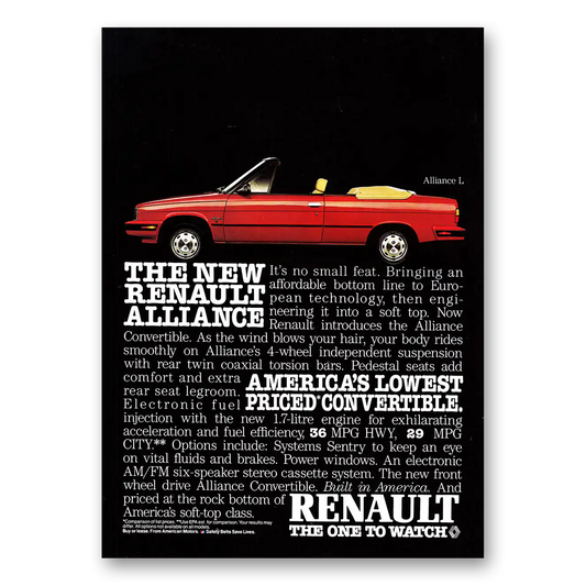 1985 Renault Alliance Convertible Its No Small Feat Vintage Magazine Print Ad