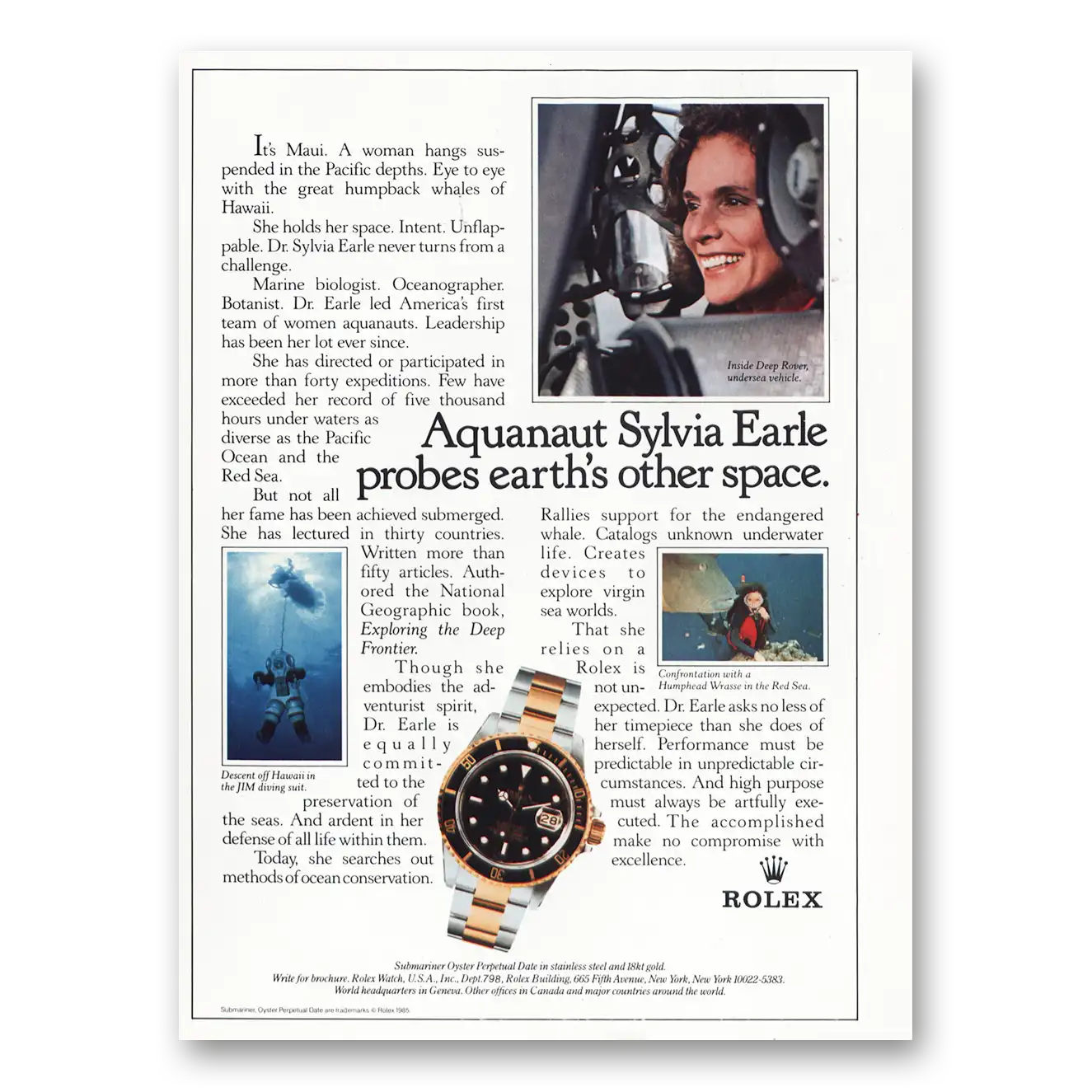 1985 Rolex Aquanaut Sylvia Earle Vintage Magazine Print Ad