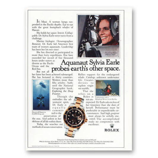 1985 Rolex Aquanaut Sylvia Earle Vintage Magazine Print Ad