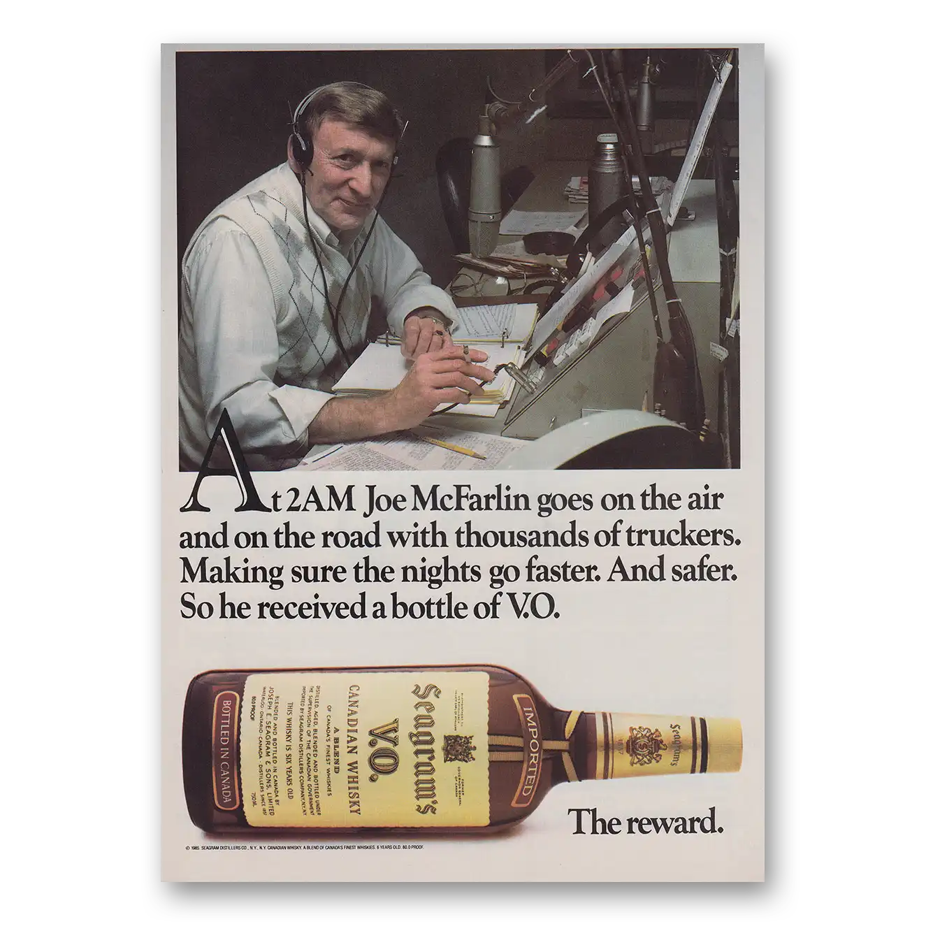 1985 Seagrams VO Whisky Joe McFarlin Goes On the Air Vintage Magazine Print Ad