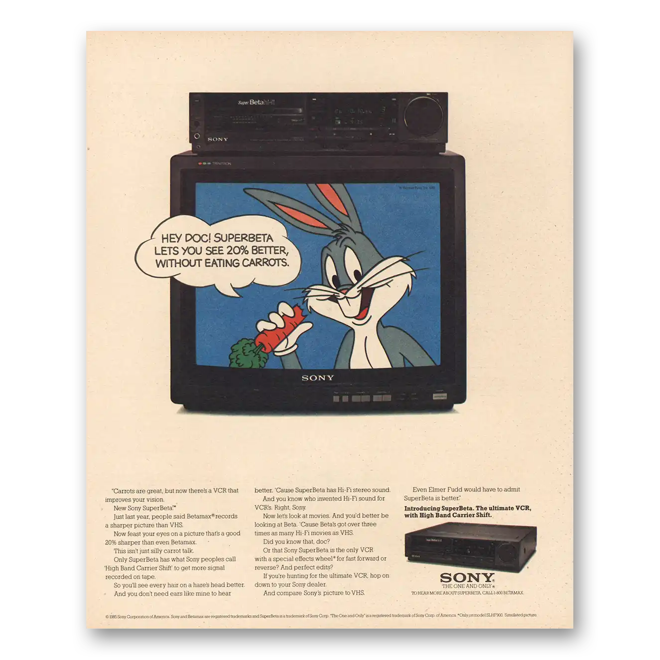 1985 Sony Superbeta Hey Doc Superbeta Bugs Bunny Vintage Magazine Print Ad