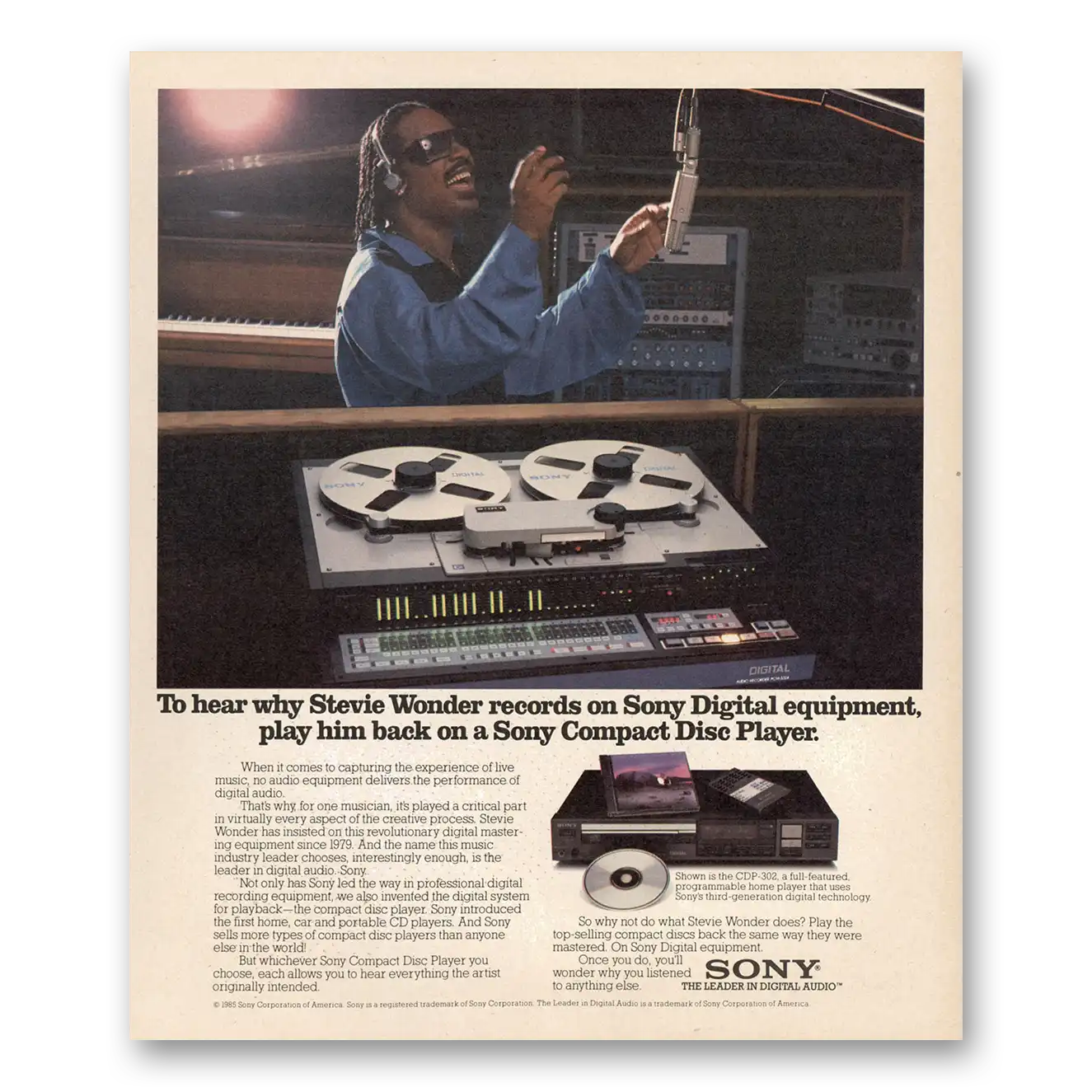 1985 Sony Compact Disc Player Stevie Wonder Vintage Magazine Print Ad