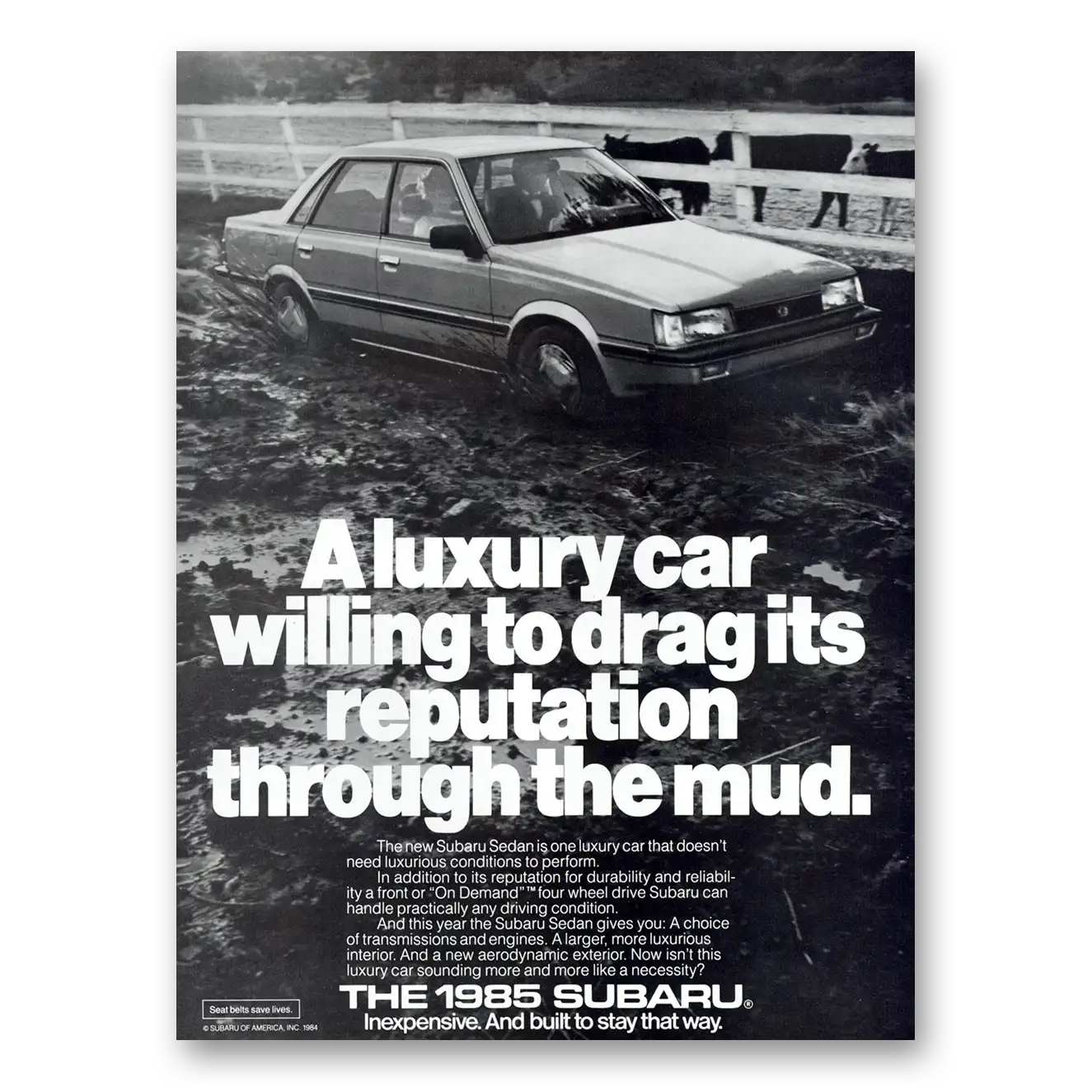 1985 Subaru Sedan Luxury Car Willing to Drag Its Reputation Vintage Magazine Print Ad