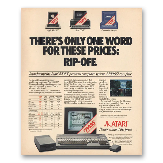 1985 Atari Personal Computer Systems Only One Word Rip Off Vintage Magazine Print Ad