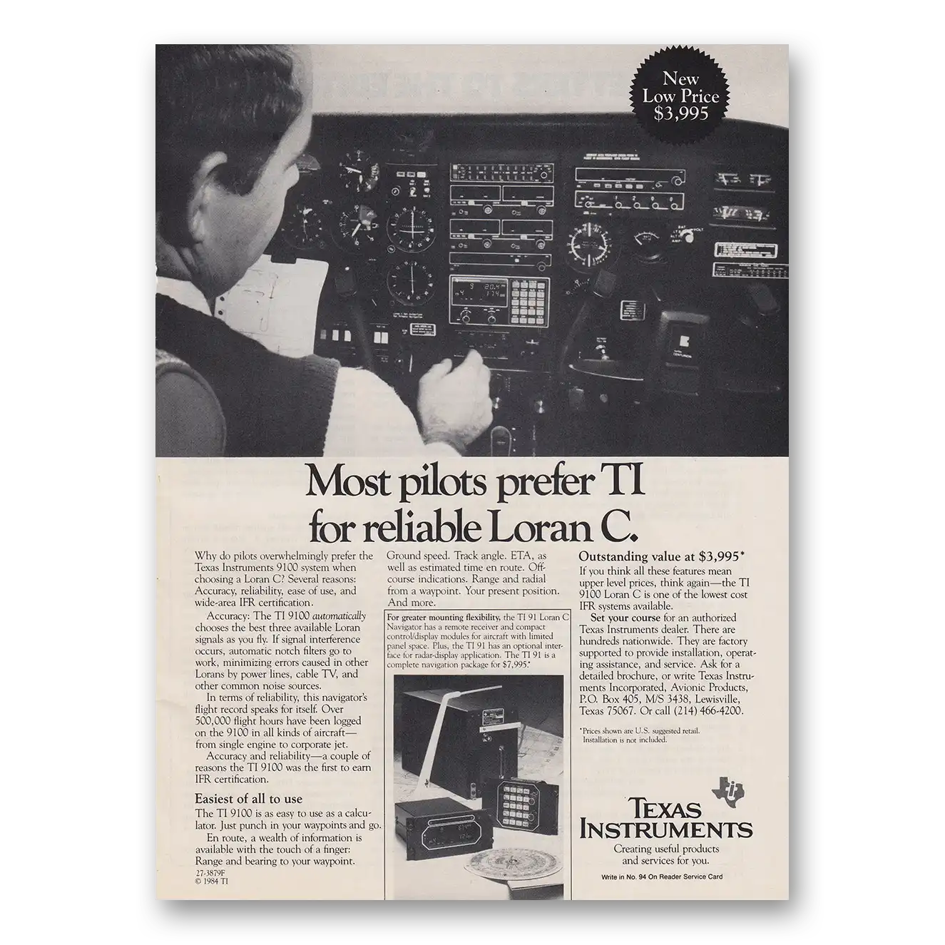 1985 Texas Instruments Loran C Most Pilots Prefer TI for Reliable Vintage Magazine Print Ad