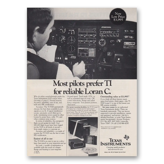 1985 Texas Instruments Loran C Most Pilots Prefer TI for Reliable Vintage Magazine Print Ad