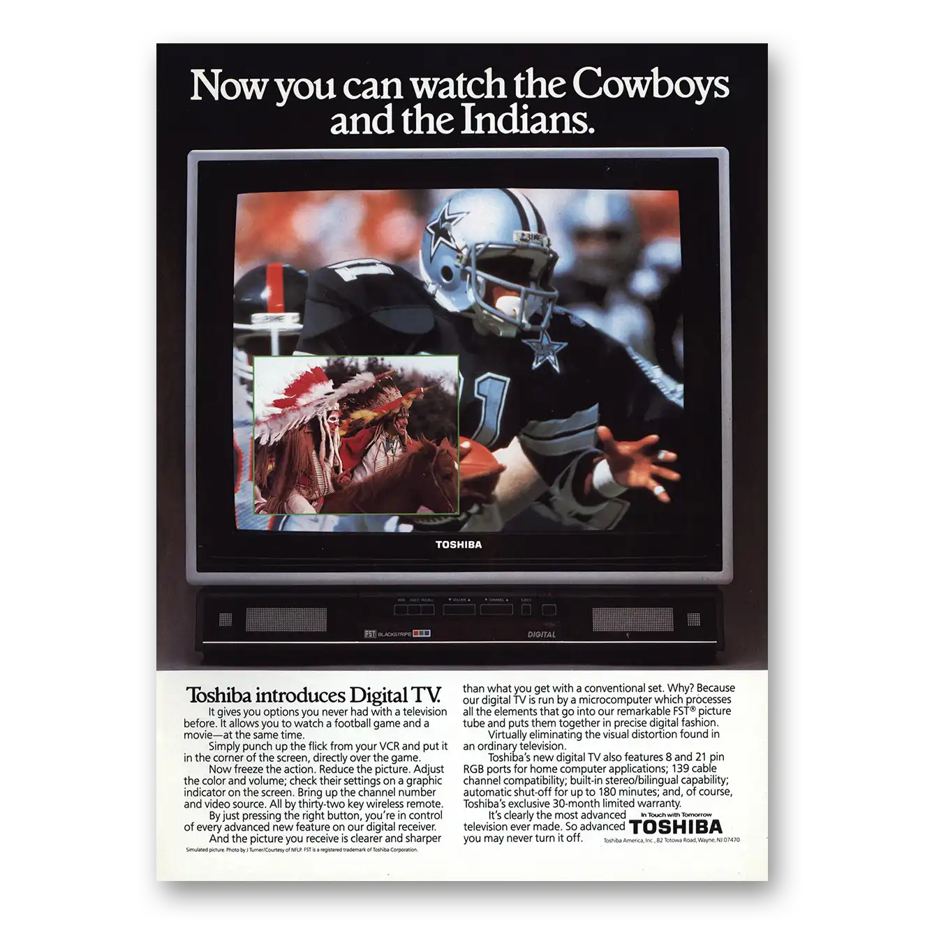 1985 Toshiba Televisions Watch the Cowboys and the Indians Vintage Magazine Print Ad