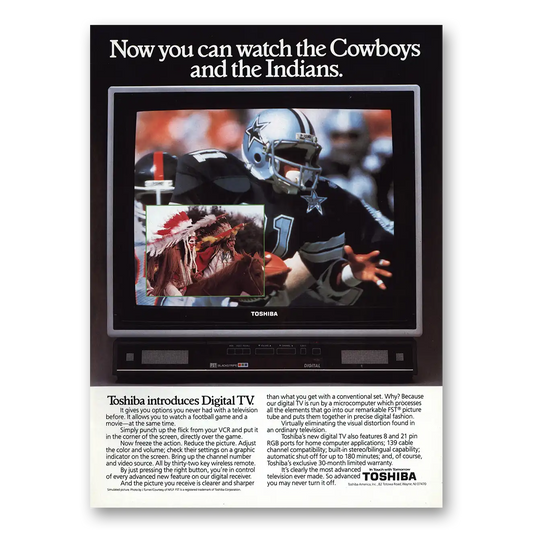 1985 Toshiba Televisions Watch the Cowboys and the Indians Vintage Magazine Print Ad