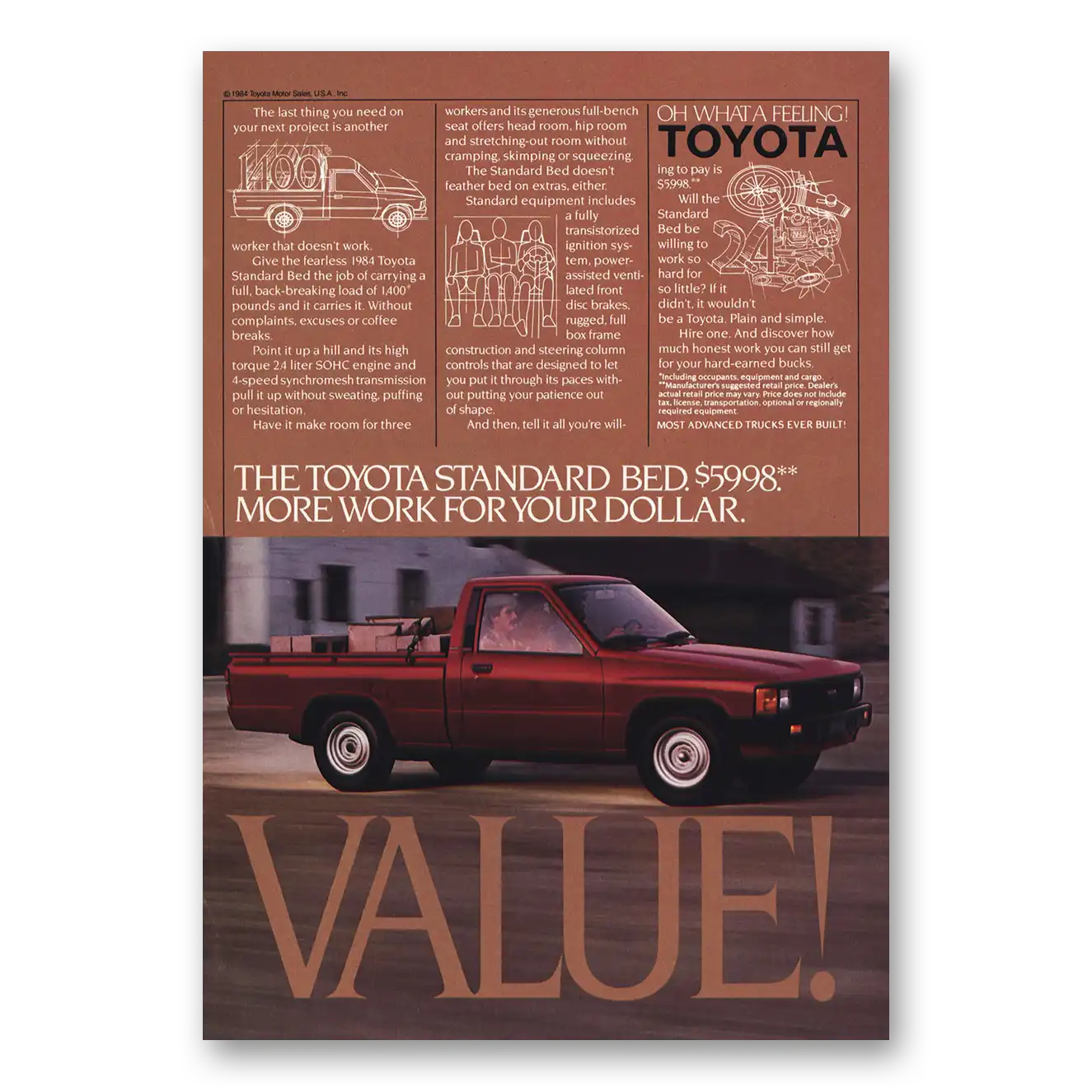 1984 Toyota Trucks More Work for Your Dollar Value Vintage Magazine Print Ad